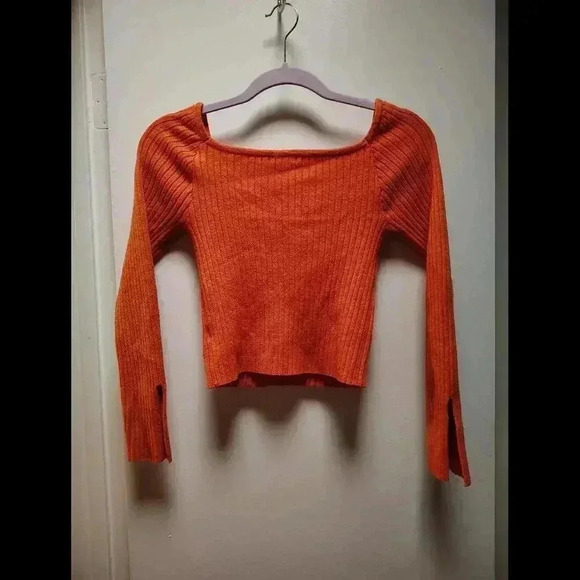 XS Wild Fable Women Ribbed sweater sweetheart Crop Orange - Picture 3 of 8